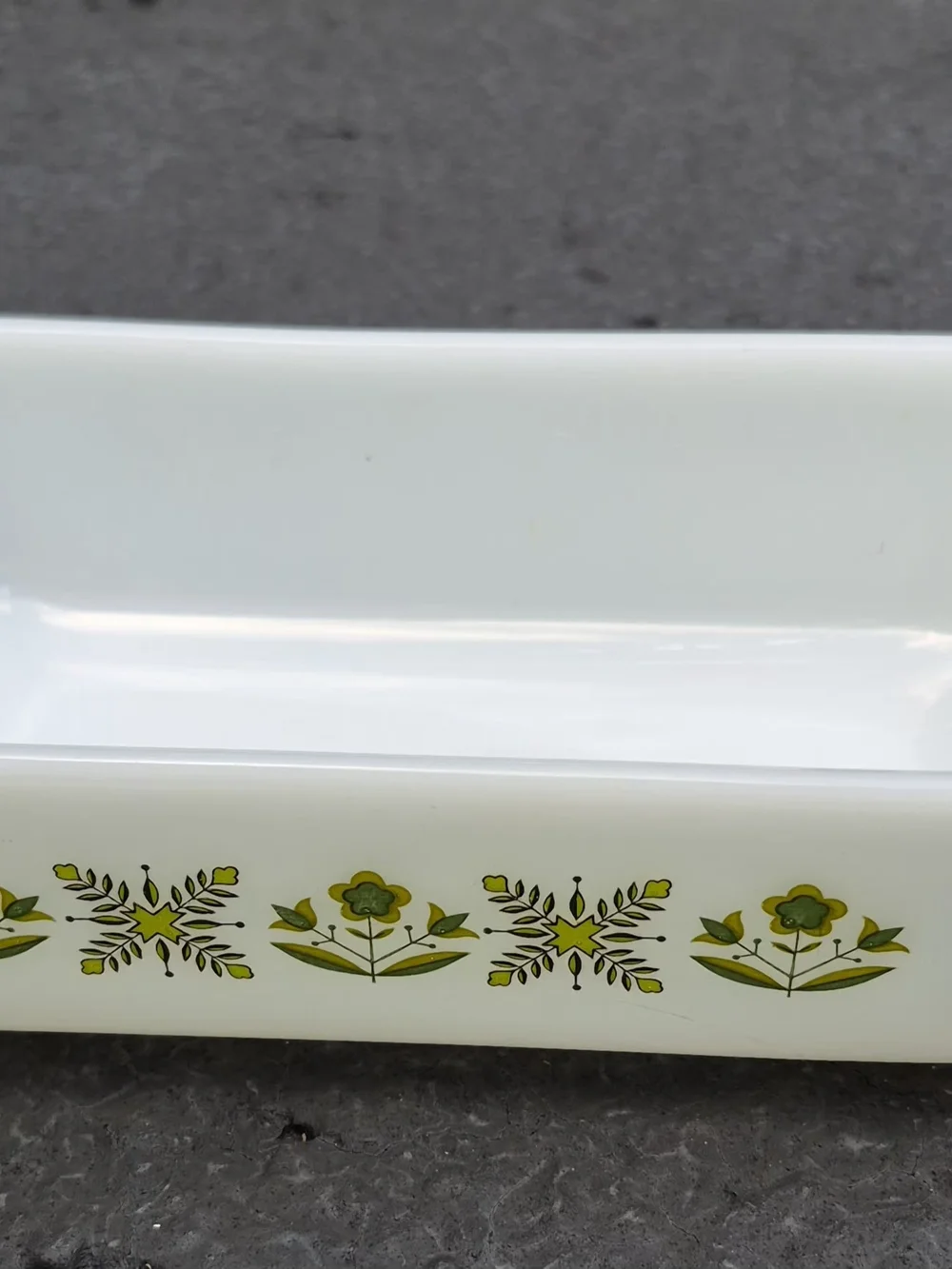White Floral Milk Glass Baking Dish - Green Flower Pattern